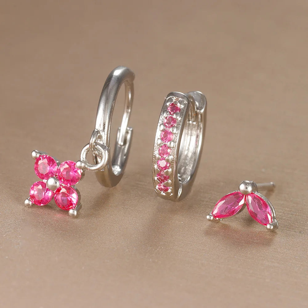 3PCS Trendy Stainless Steel Flower Drop Earring Set For Women Crystal Zirconia Dangle Earring Hypoallerg Piercing Jewelry aretes