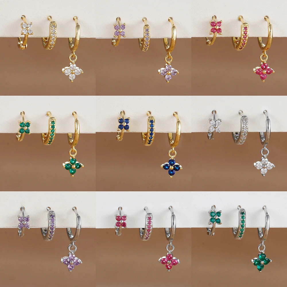 3PCS Trendy Stainless Steel Flower Drop Earring Set For Women Crystal Zirconia Dangle Earring Hypoallerg Piercing Jewelry aretes